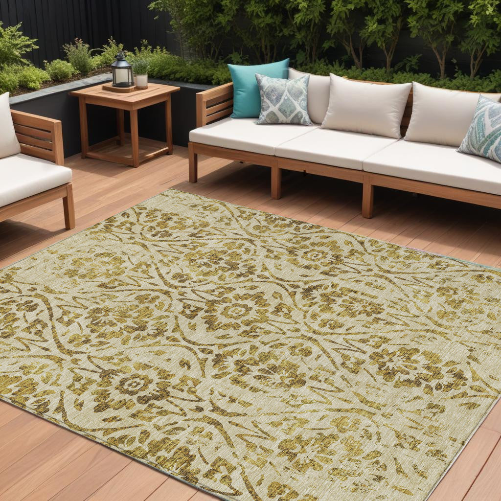 10' X 14' Gold And Brown Floral Washable Indoor Outdoor Area Rug