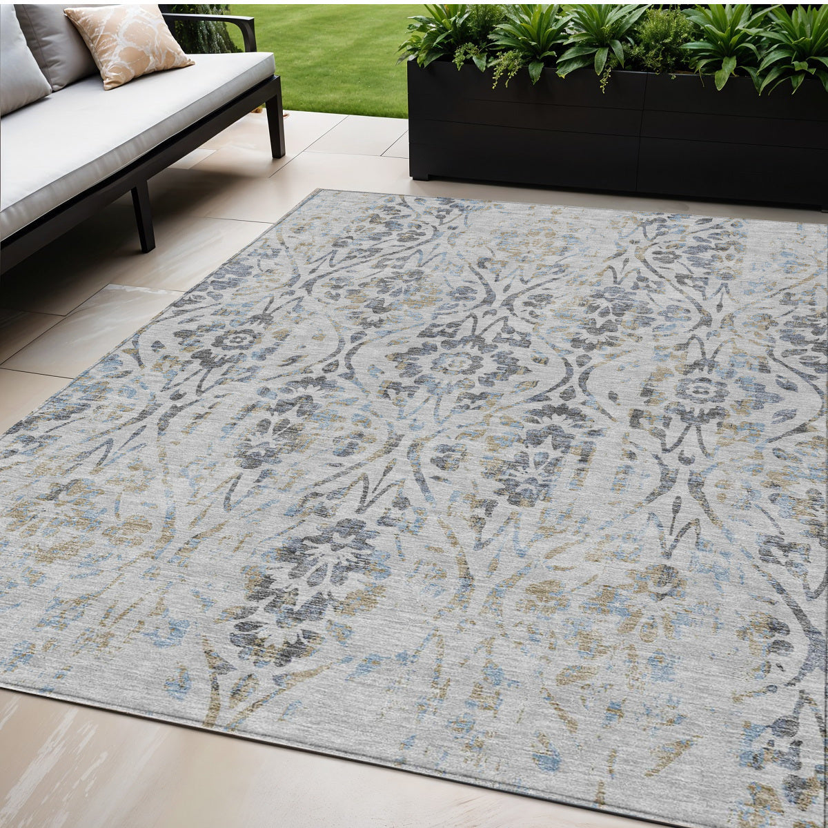 5' X 8' Gray Black And Green Floral Washable Indoor Outdoor Area Rug