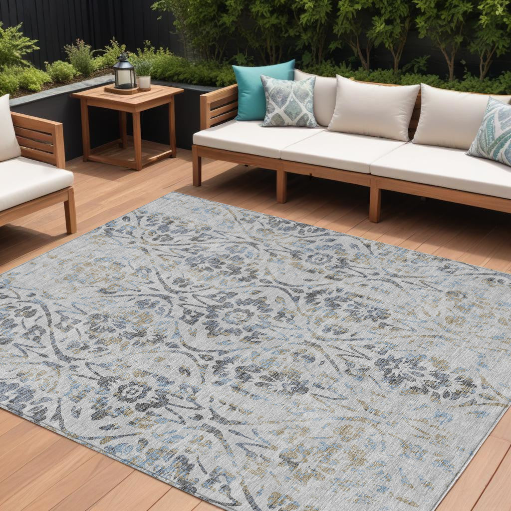 9' X 12' Gray Black And Green Floral Washable Indoor Outdoor Area Rug