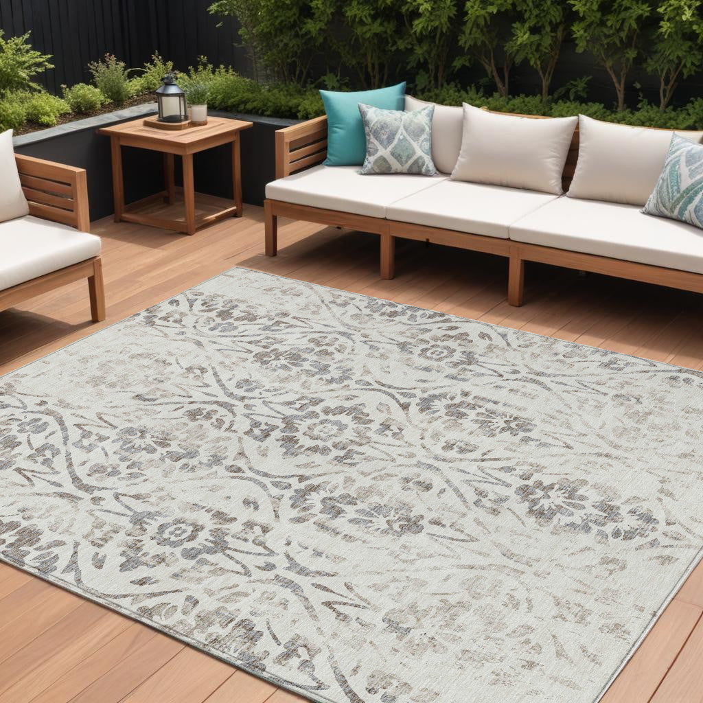 9' X 12' Ivory And Brown Floral Washable Indoor Outdoor Area Rug