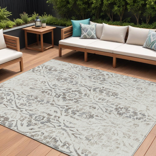 10' X 14' Ivory And Brown Floral Washable Indoor Outdoor Area Rug