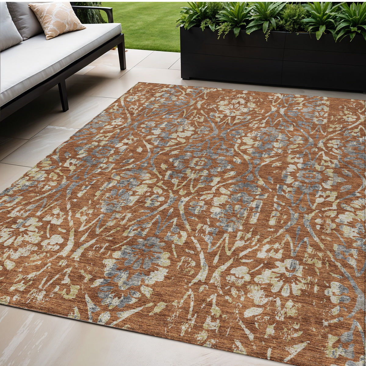 5' X 8' Orange Ivory And Dark Gray Floral Washable Indoor Outdoor Area Rug