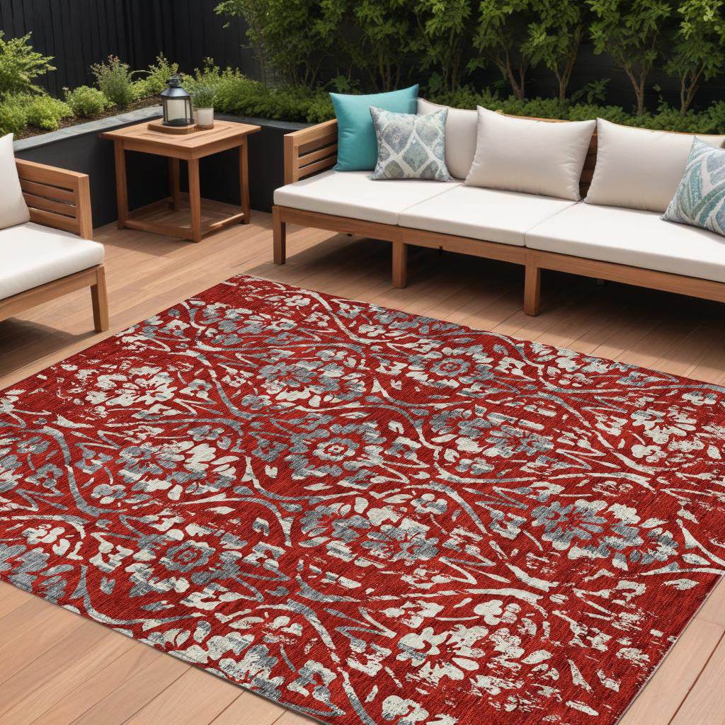 9' X 12' Red Ivory And Dark Gray Floral Washable Indoor Outdoor Area Rug