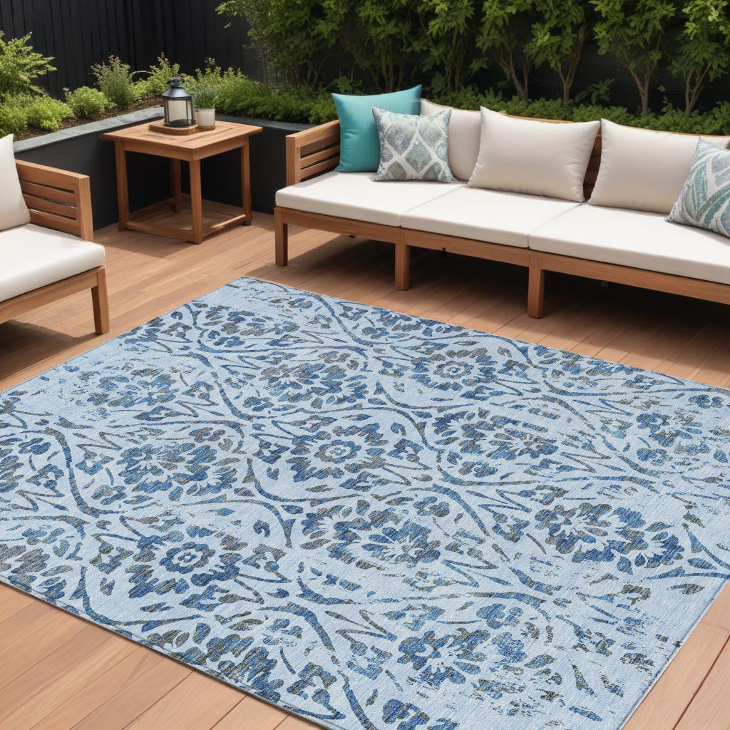 9' X 12' Sky Blue And Dark Blue Floral Washable Indoor Outdoor Area Rug