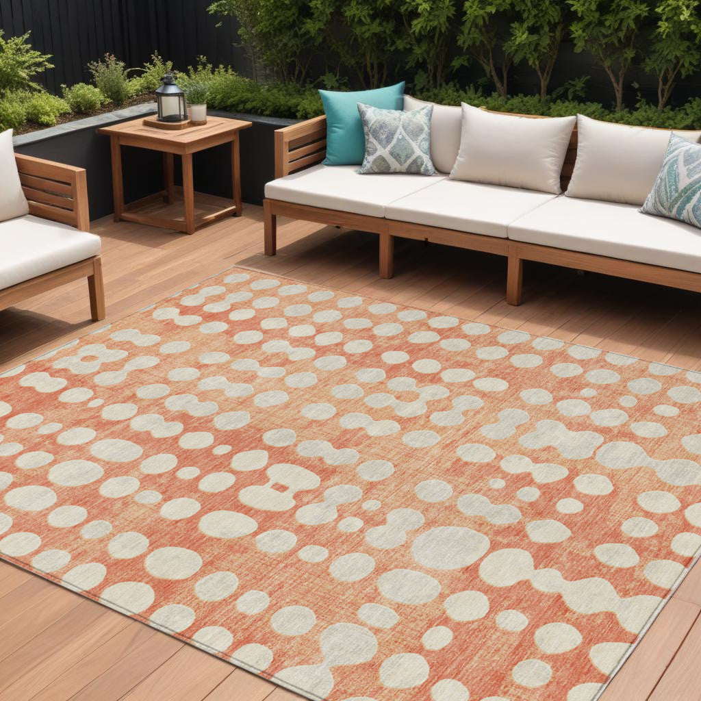 9' X 12' Coral And Ivory Abstract Washable Indoor Outdoor Area Rug