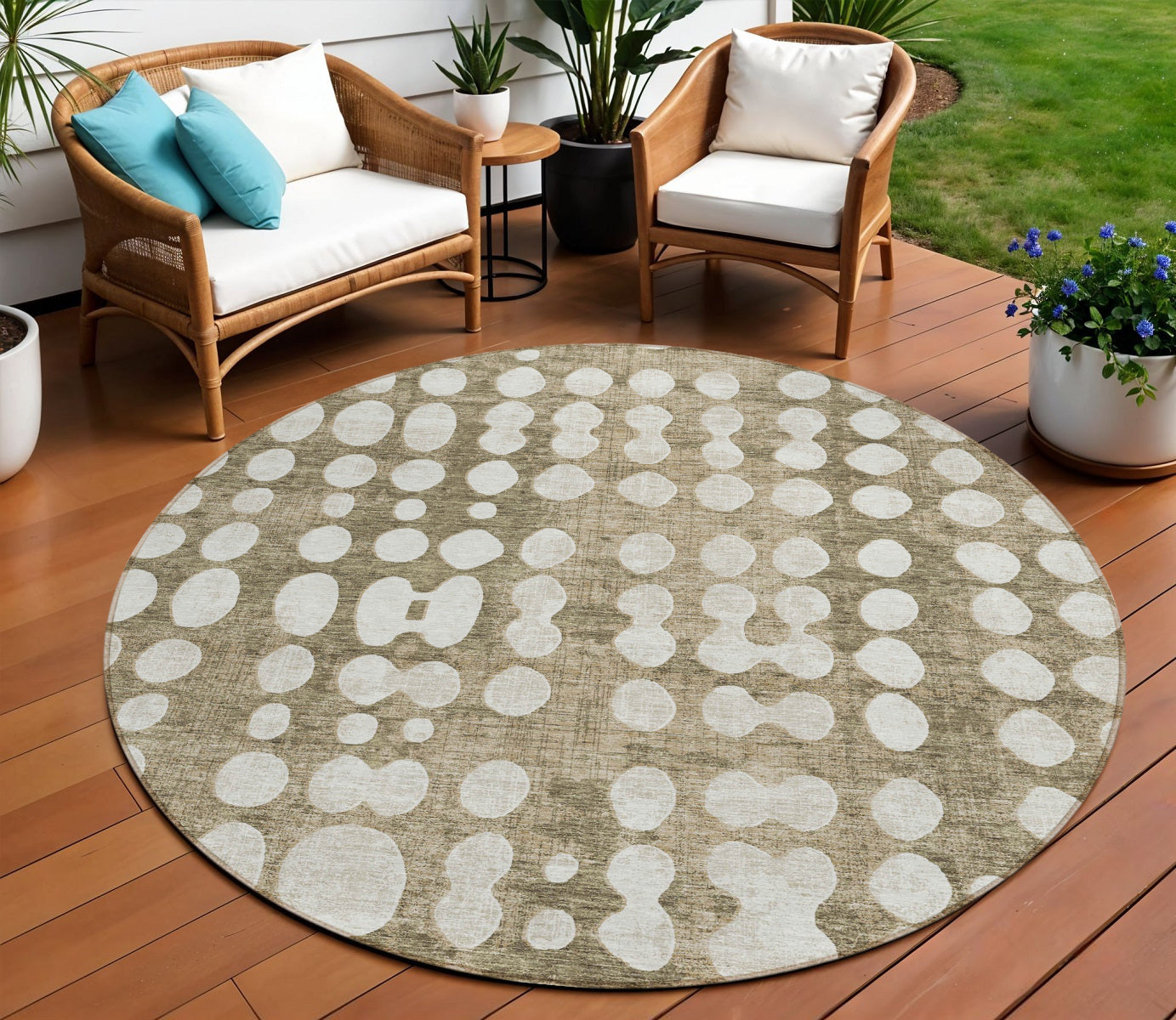 8' Taupe And Ivory Round Abstract Washable Indoor Outdoor Area Rug