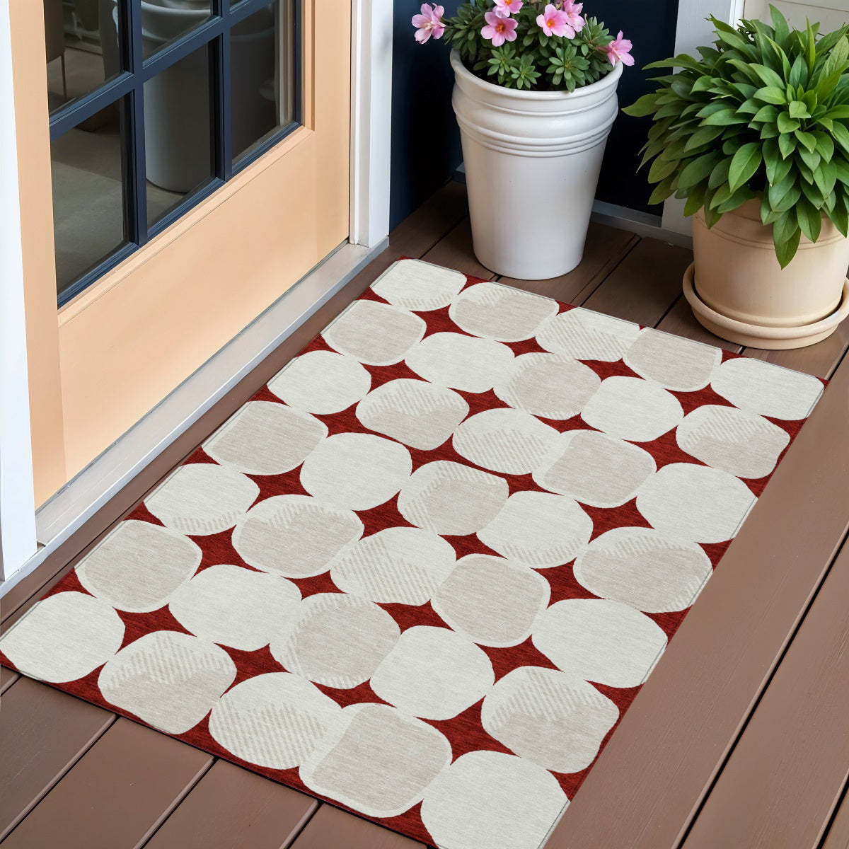 3' X 5' Burgundy Beige And Ivory Abstract Washable Indoor Outdoor Area Rug
