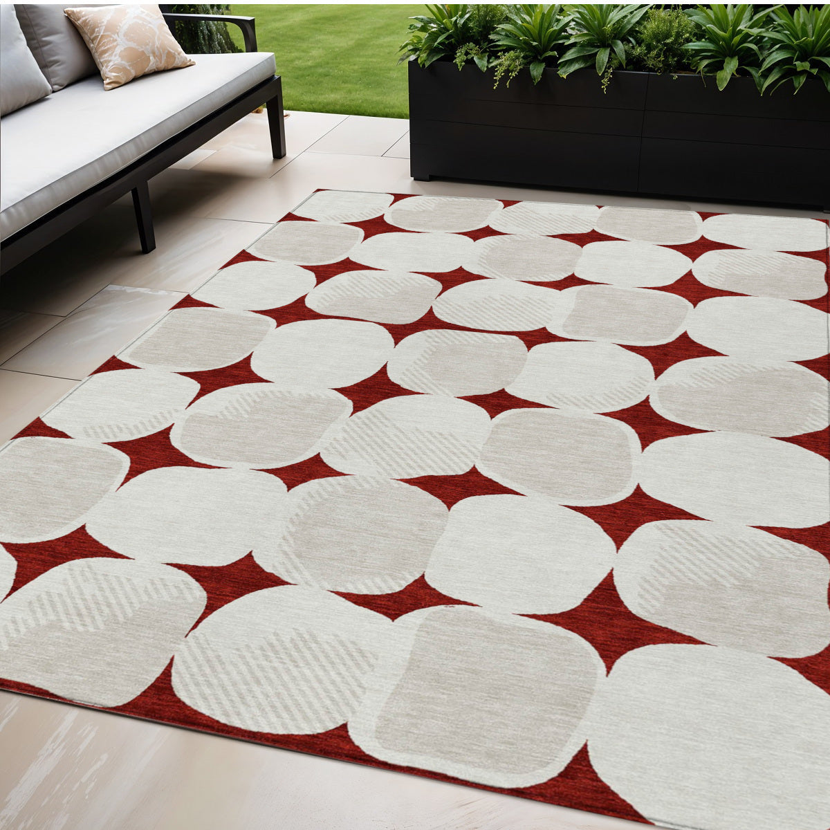 5' X 8' Burgundy Beige And Ivory Abstract Washable Indoor Outdoor Area Rug