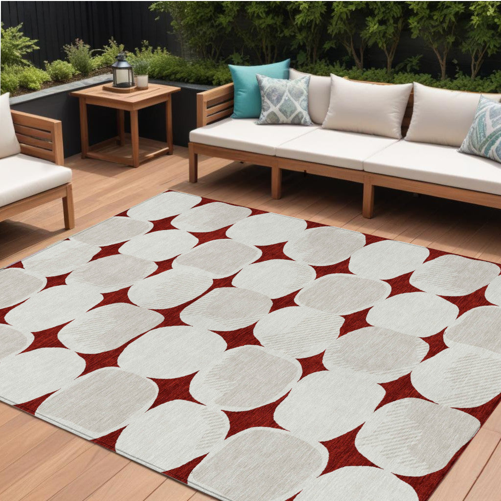 9' X 12' Burgundy Abstract Washable Indoor Outdoor Area Rug