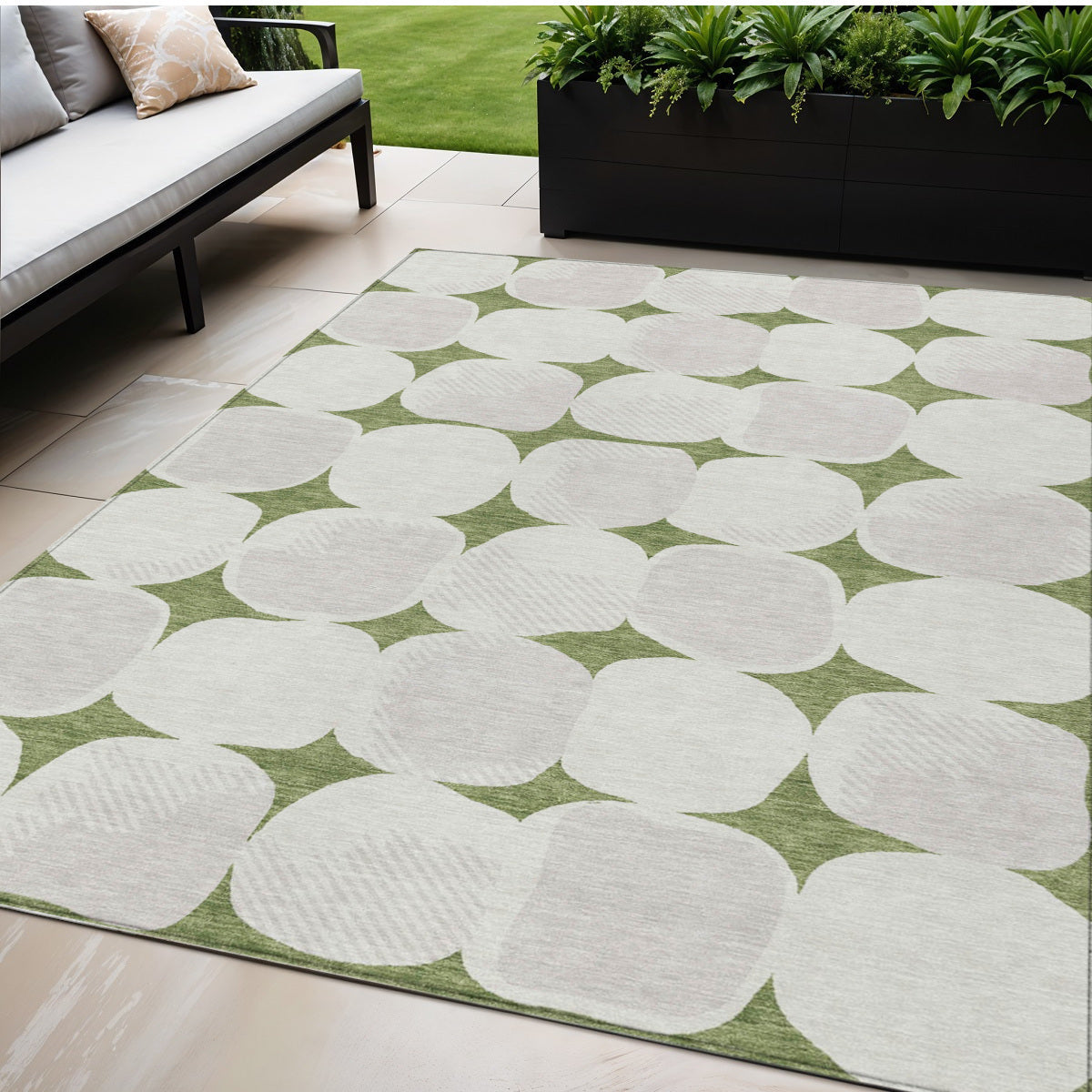 5' X 8' Green And Beige Abstract Washable Indoor Outdoor Area Rug