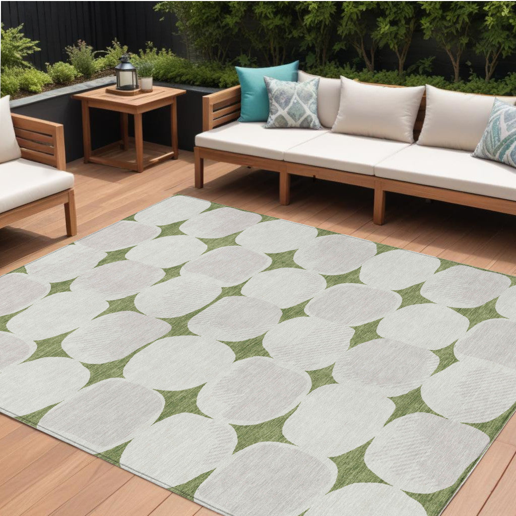 9' X 12' Green And Beige Abstract Washable Indoor Outdoor Area Rug