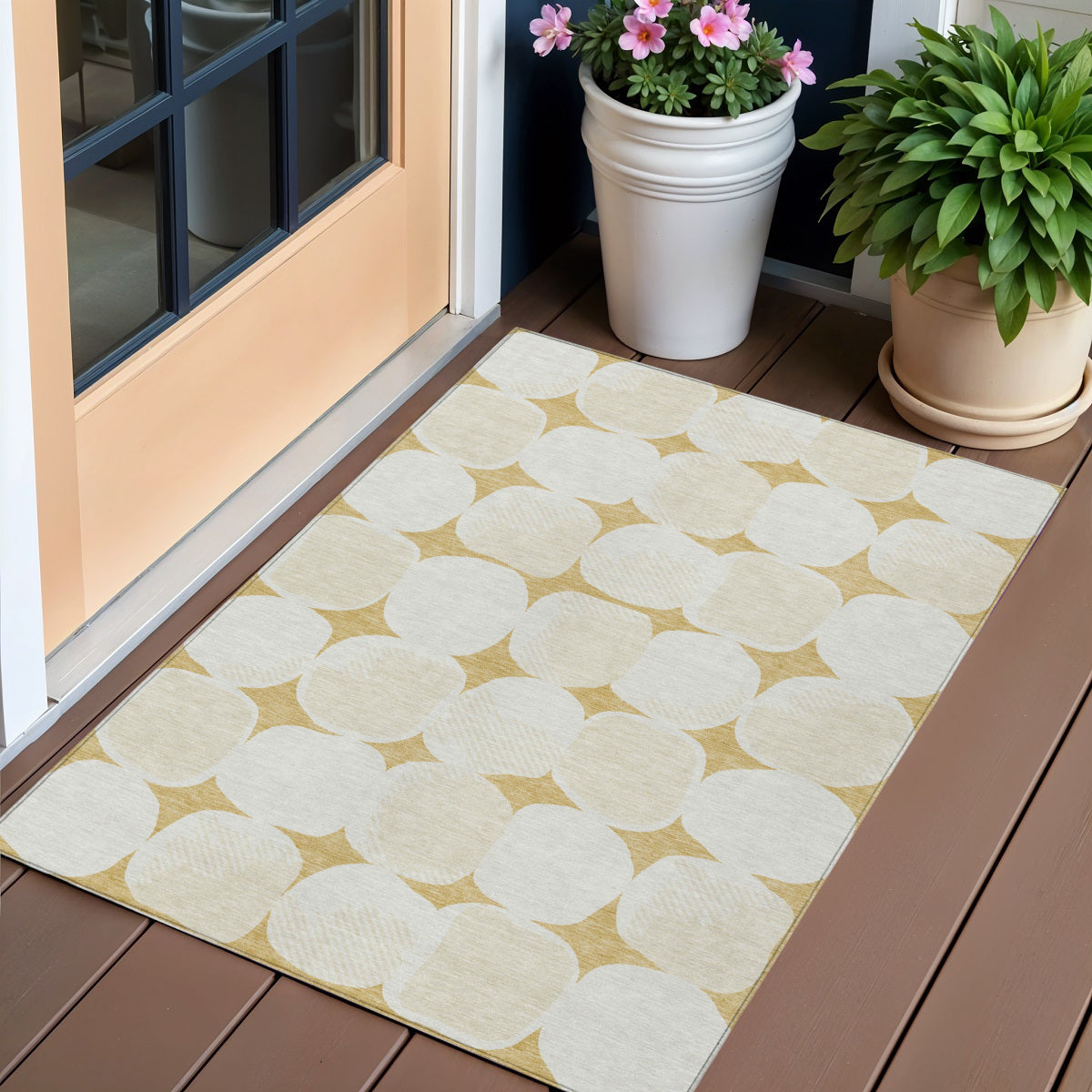 3' X 5' Gold And Beige Abstract Washable Indoor Outdoor Area Rug