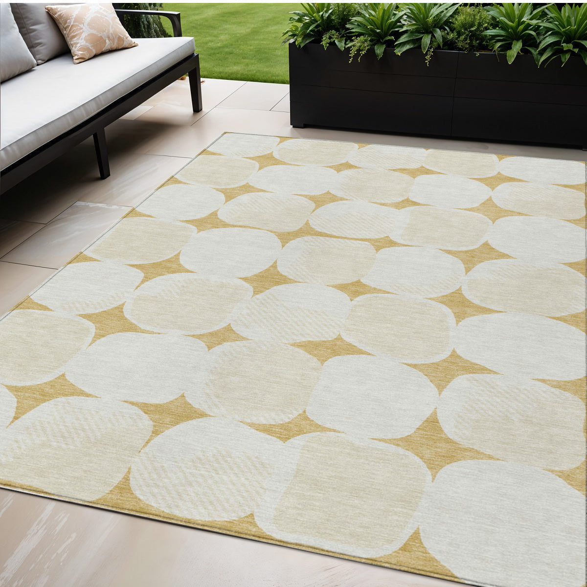 5' X 8' Gold And Beige Abstract Washable Indoor Outdoor Area Rug