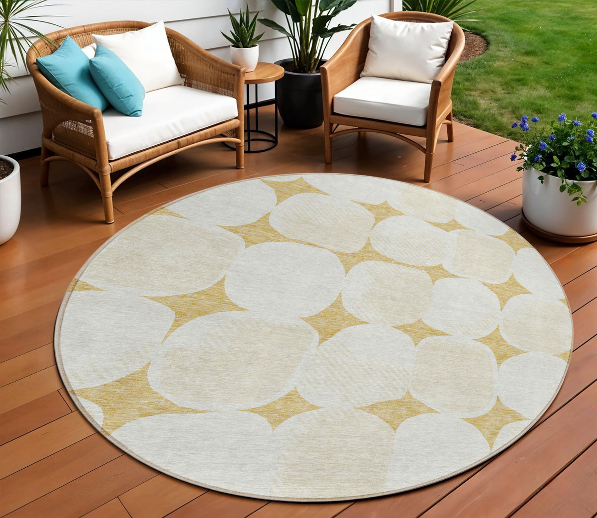 8' Gold And Beige Round Abstract Washable Indoor Outdoor Area Rug