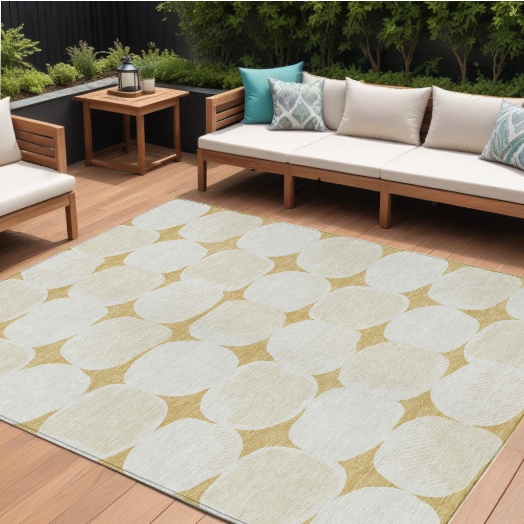 9' X 12' Gold And Beige Abstract Washable Indoor Outdoor Area Rug