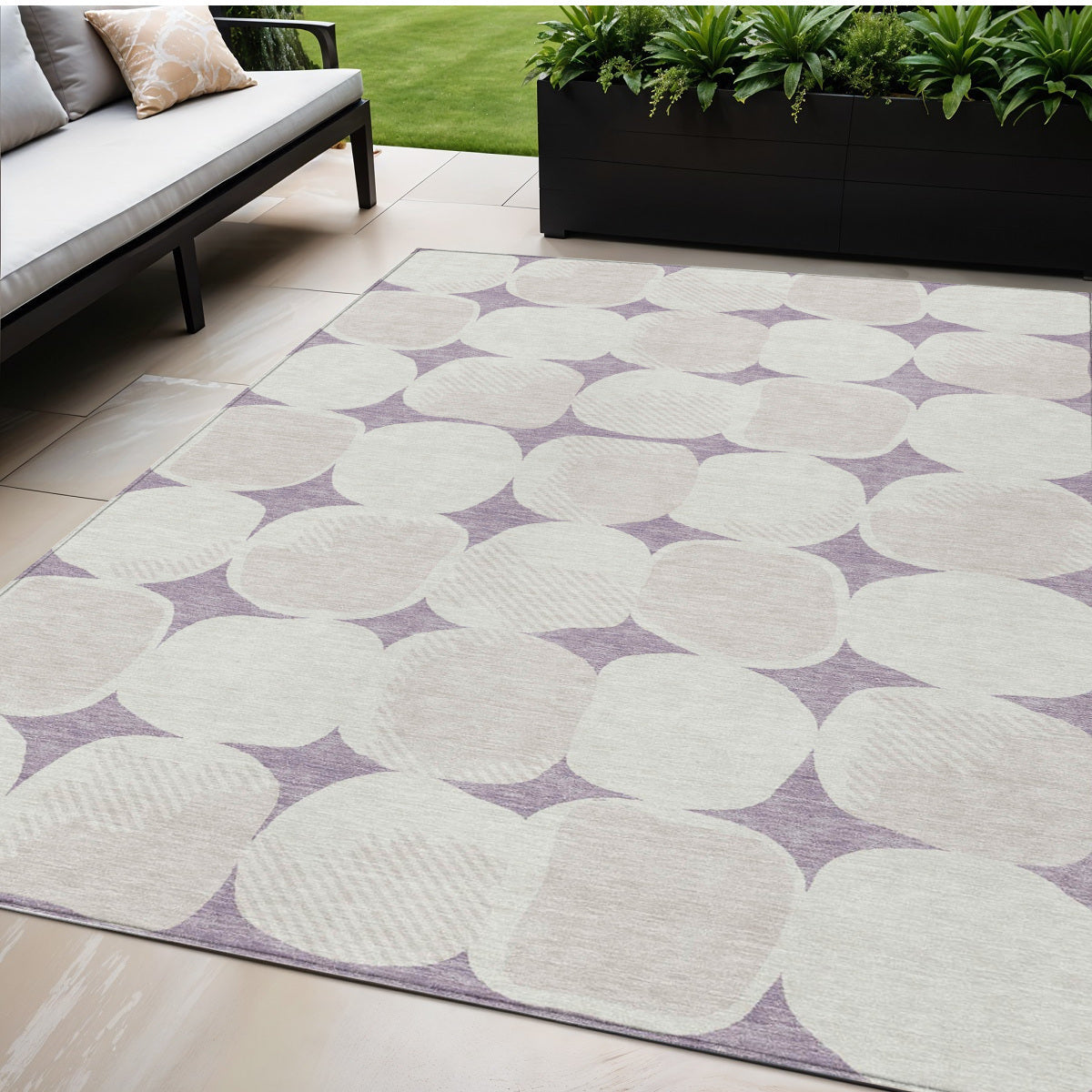 5' X 8' Lavender Beige And Ivory Abstract Washable Indoor Outdoor Area Rug