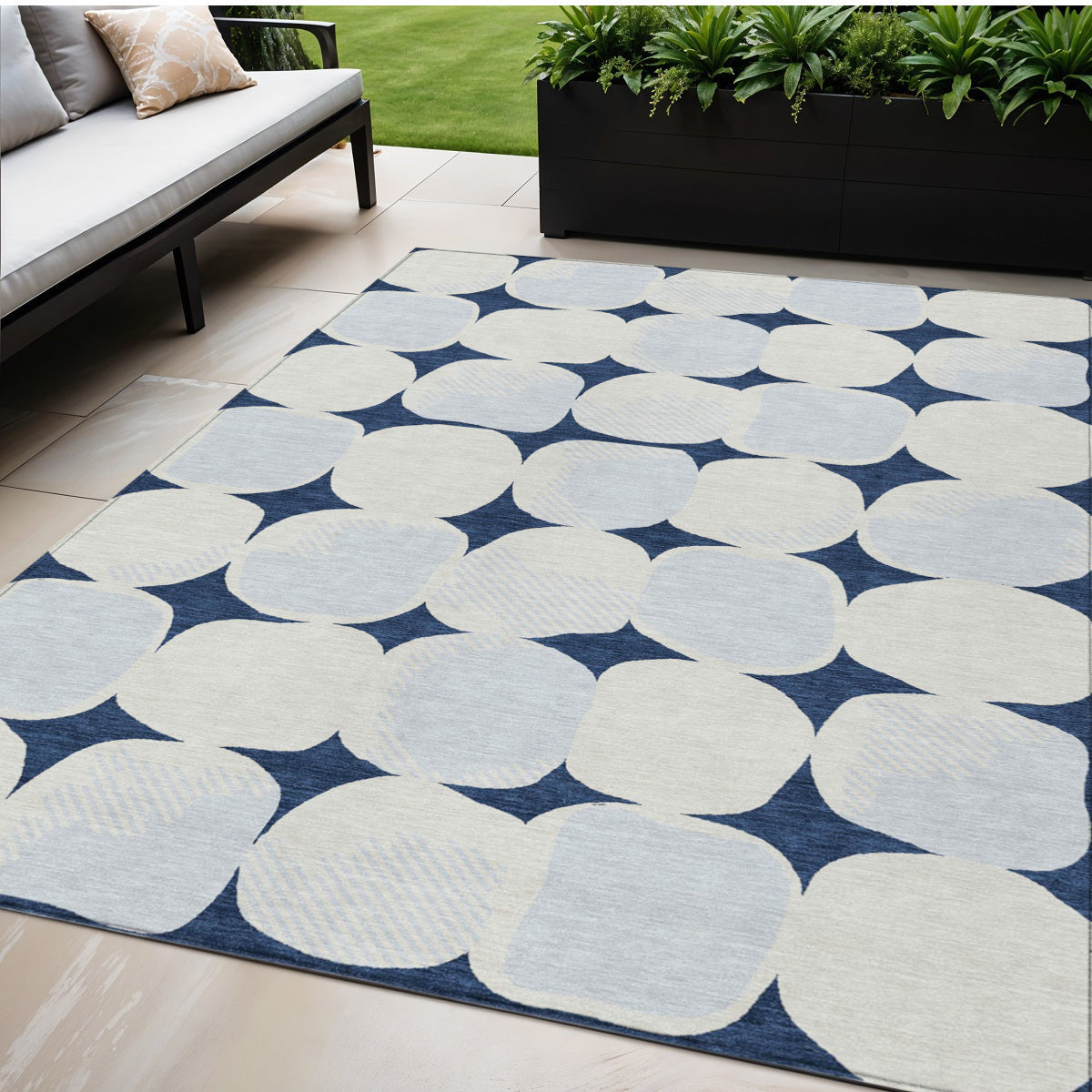 5' X 8' Navy Blue Gray And Ivory Abstract Washable Indoor Outdoor Area Rug