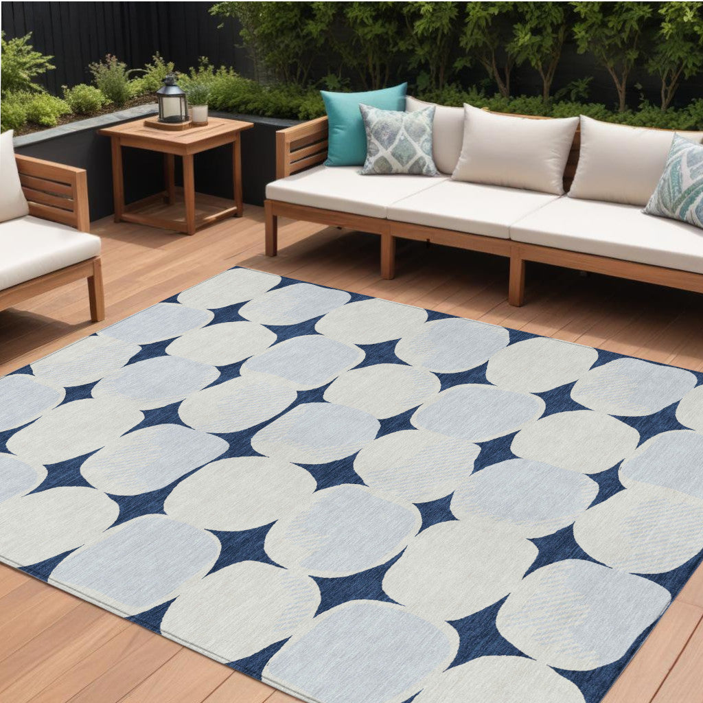 9' X 12' Navy Blue Gray And Ivory Abstract Washable Indoor Outdoor Area Rug