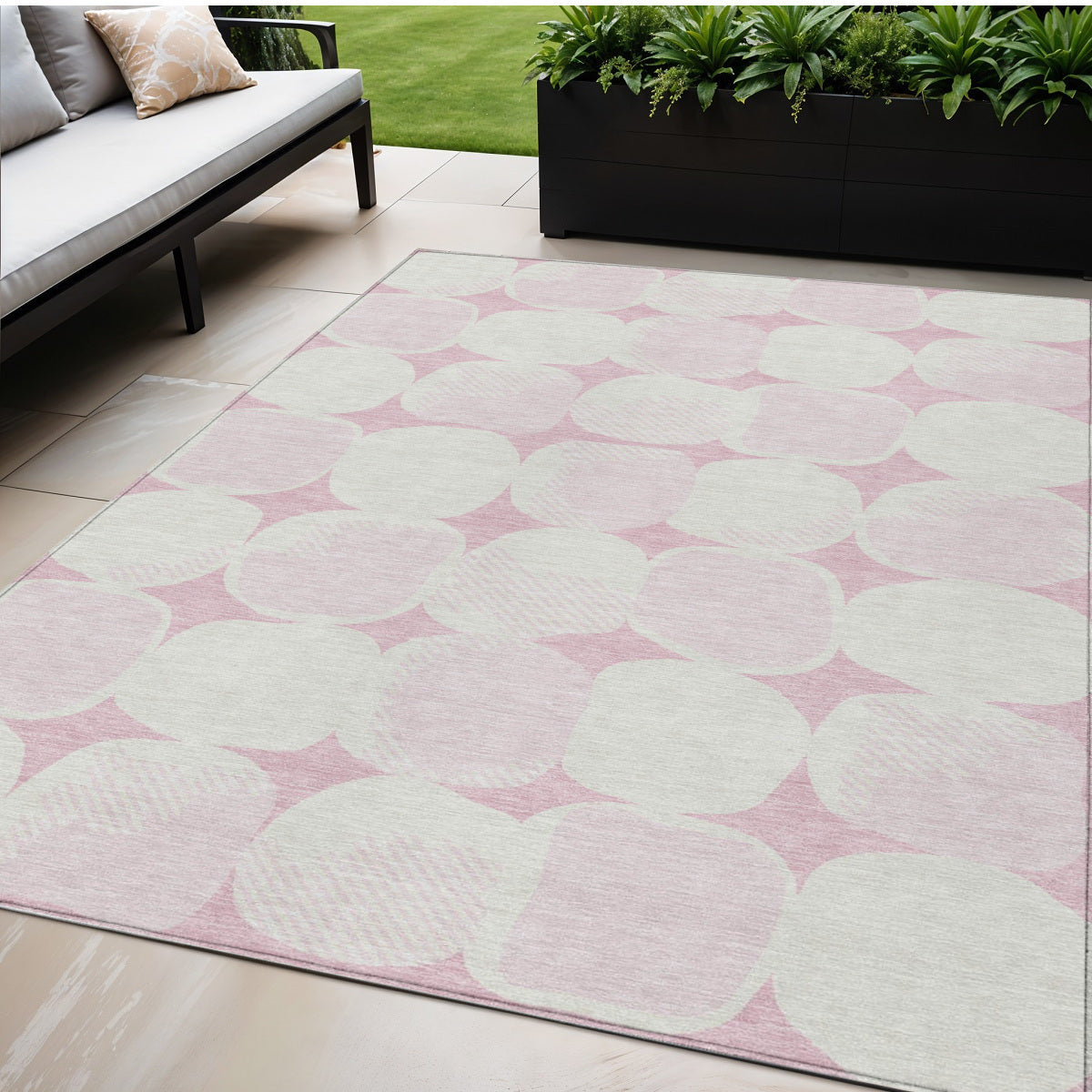 5' X 8' Pink And Ivory Abstract Washable Indoor Outdoor Area Rug
