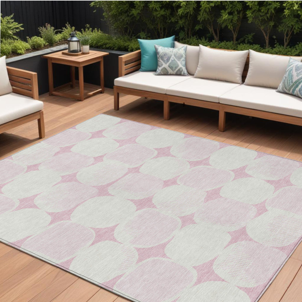 9' X 12' Pink And Ivory Abstract Washable Indoor Outdoor Area Rug