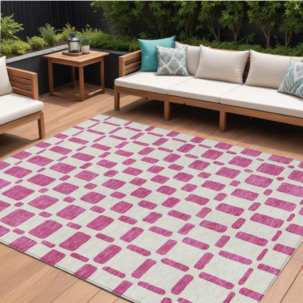 10' X 14' Blush And Ivory Geometric Washable Indoor Outdoor Area Rug