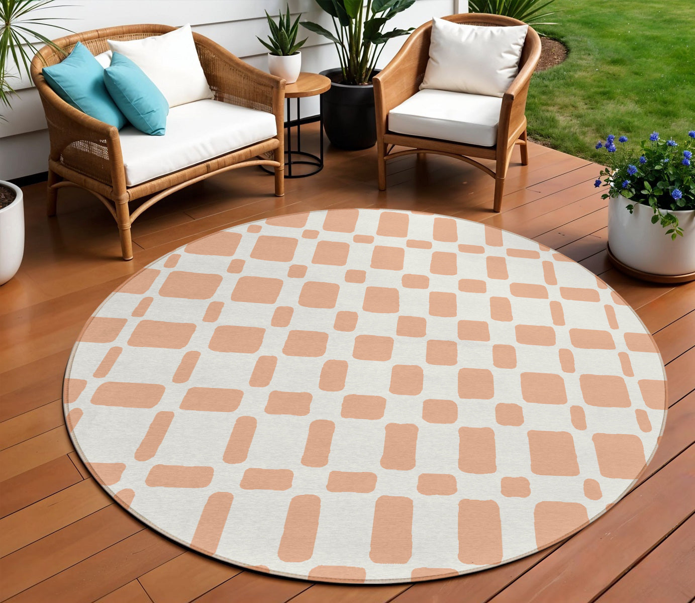 8' Peach And Beige Round Geometric Washable Indoor Outdoor Area Rug