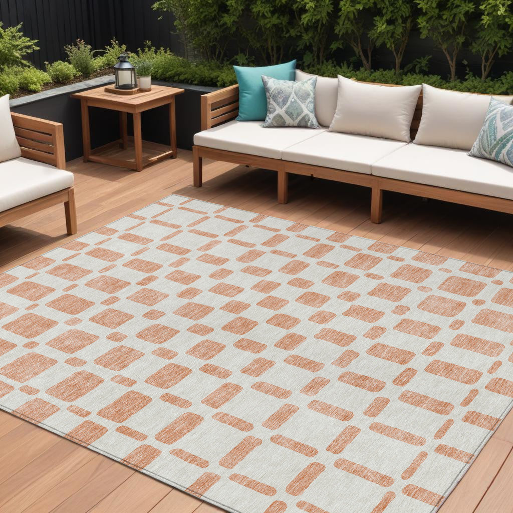 9' X 12' Peach And Beige Geometric Washable Indoor Outdoor Area Rug