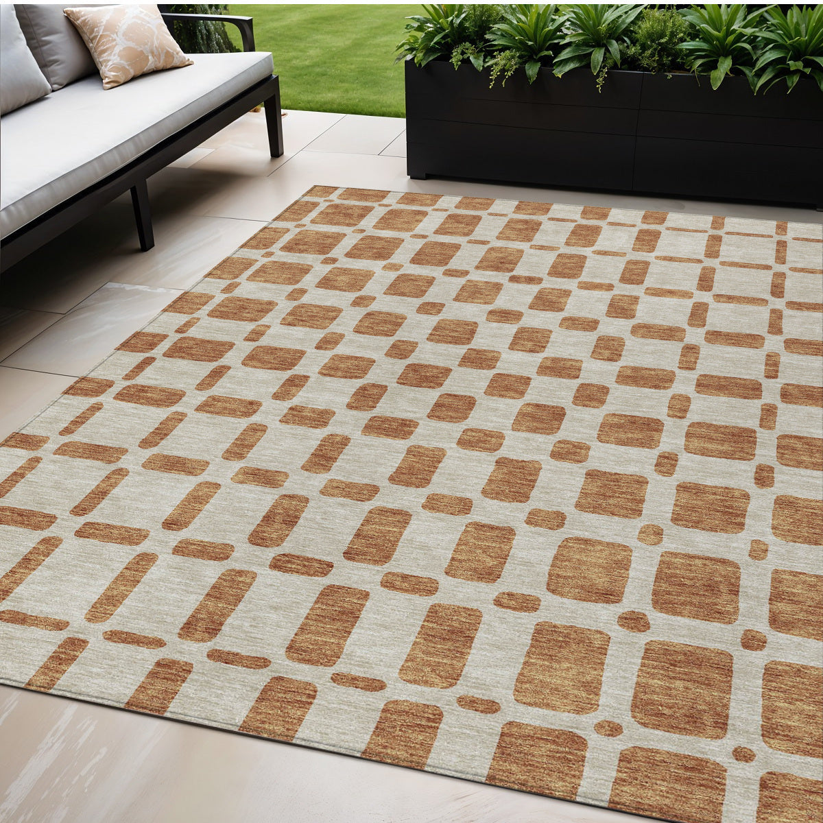 5' X 8' Terra Cotta And Beige Geometric Washable Indoor Outdoor Area Rug