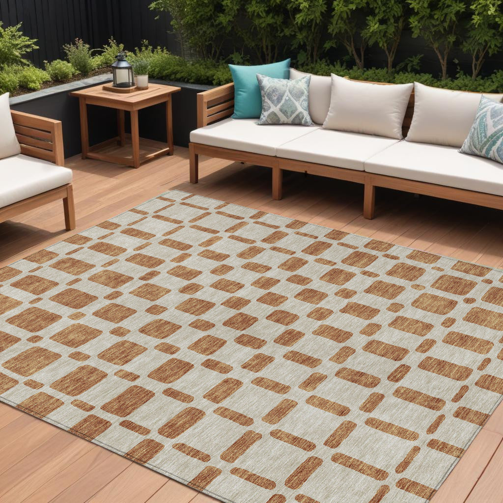 9' X 12' Terra Cotta And Beige Geometric Washable Indoor Outdoor Area Rug