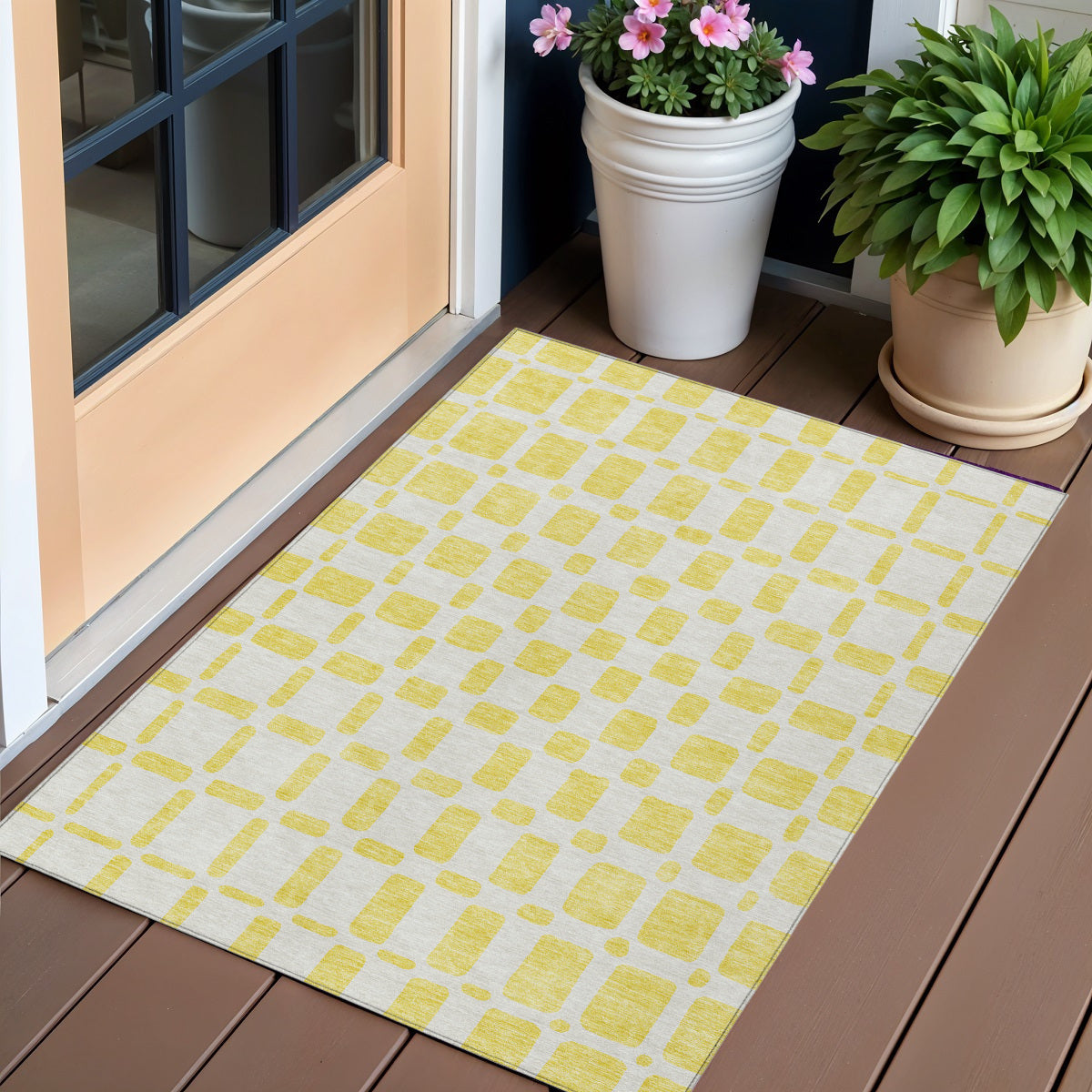 3' X 5' Yellow And Gray Geometric Washable Indoor Outdoor Area Rug
