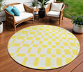 8' Yellow And Gray Round Geometric Washable Indoor Outdoor Area Rug