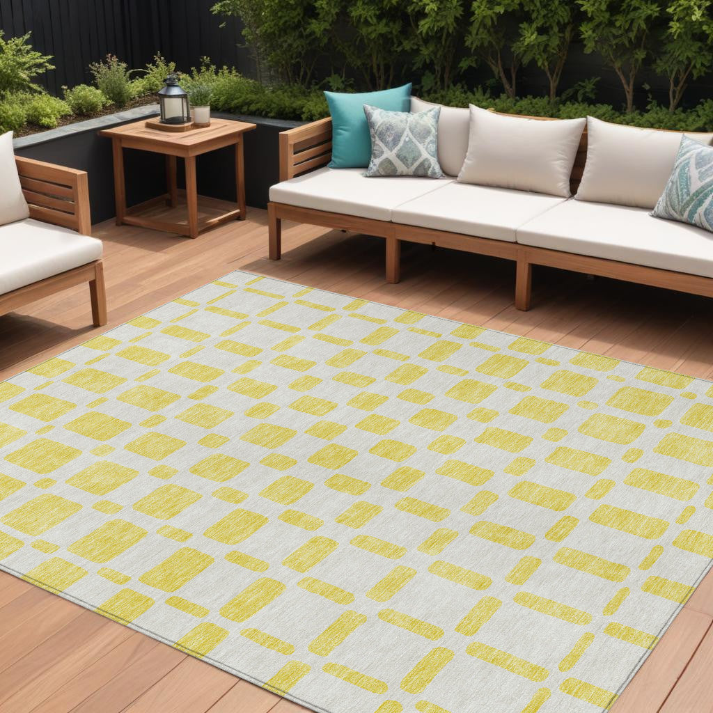 9' X 12' Yellow And Gray Geometric Washable Indoor Outdoor Area Rug