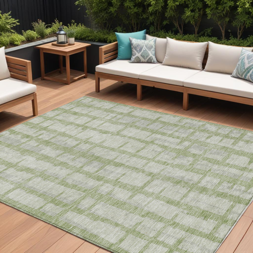 9' X 12' Artichoke Green And Gray Striped Washable Indoor Outdoor Area Rug