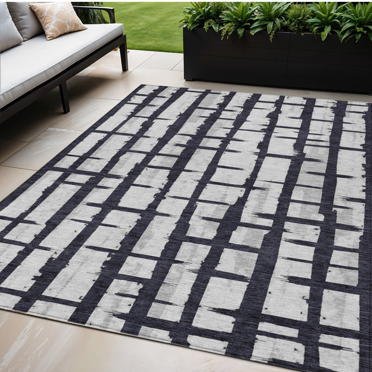 5' X 8' Black Beige And Gray Striped Washable Indoor Outdoor Area Rug