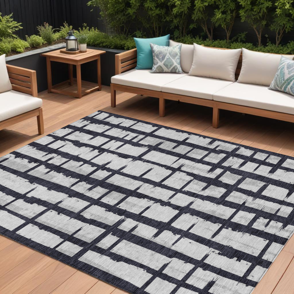 10' X 14' Black Beige And Gray Striped Washable Indoor Outdoor Area Rug