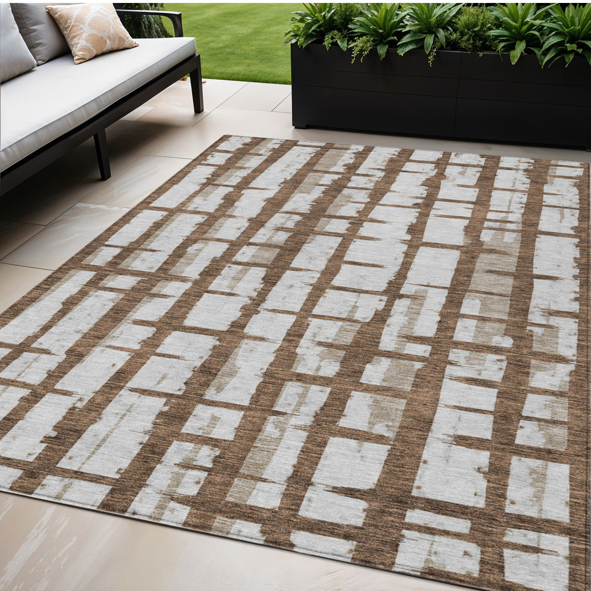 5' X 8' Chocolate And Beige Striped Washable Indoor Outdoor Area Rug