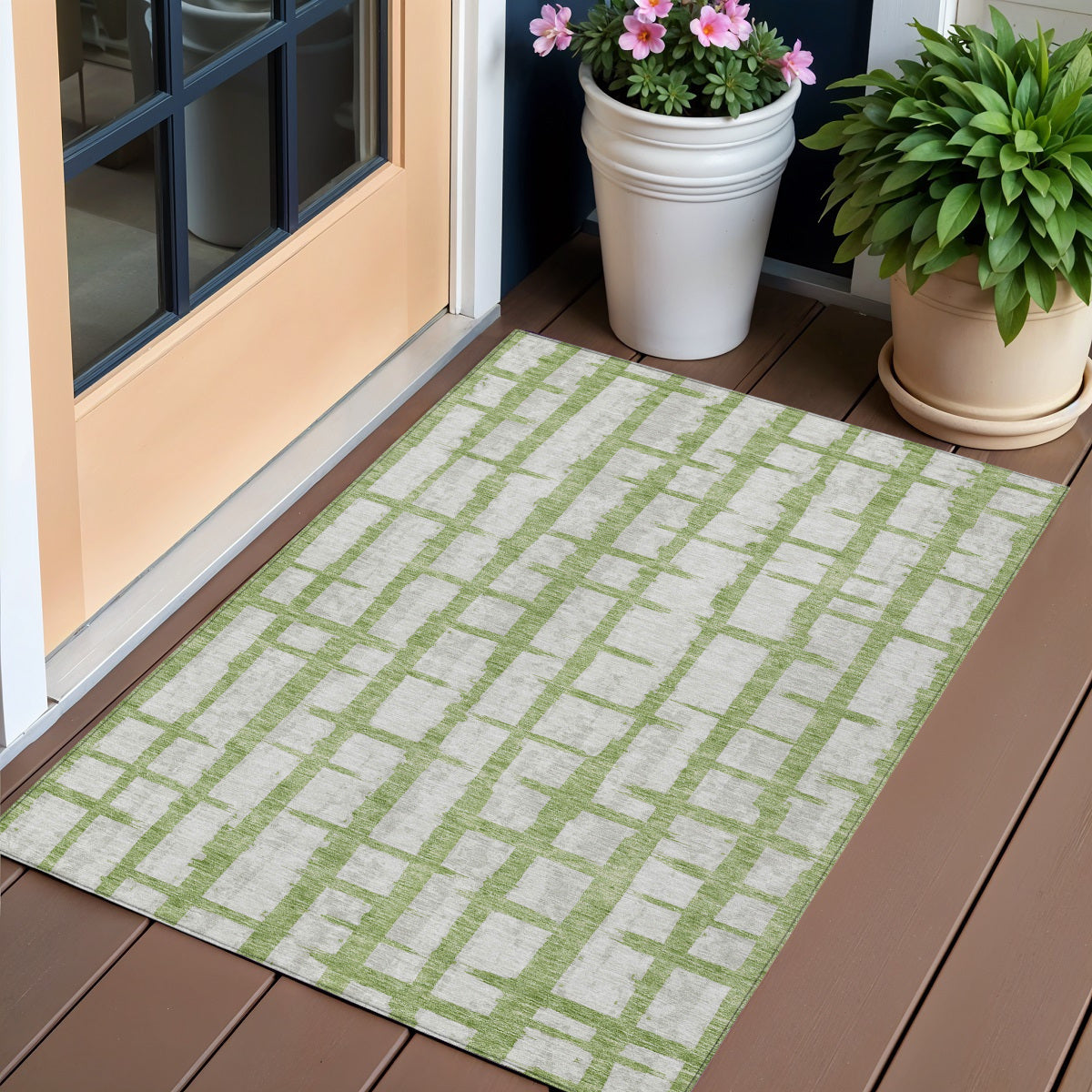 3' X 5' Green And Gray Striped Washable Indoor Outdoor Area Rug