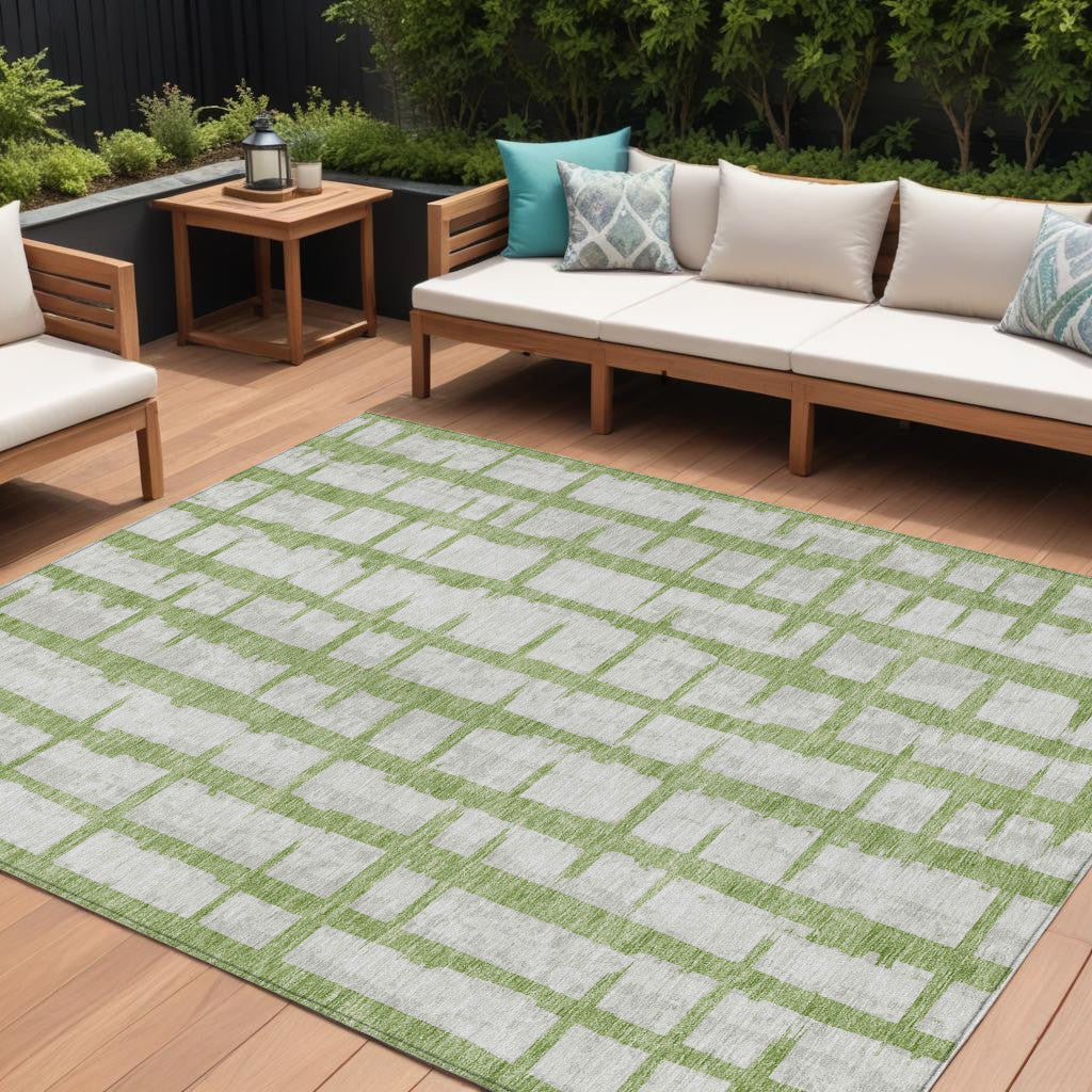 9' X 12' Green And Gray Striped Washable Indoor Outdoor Area Rug