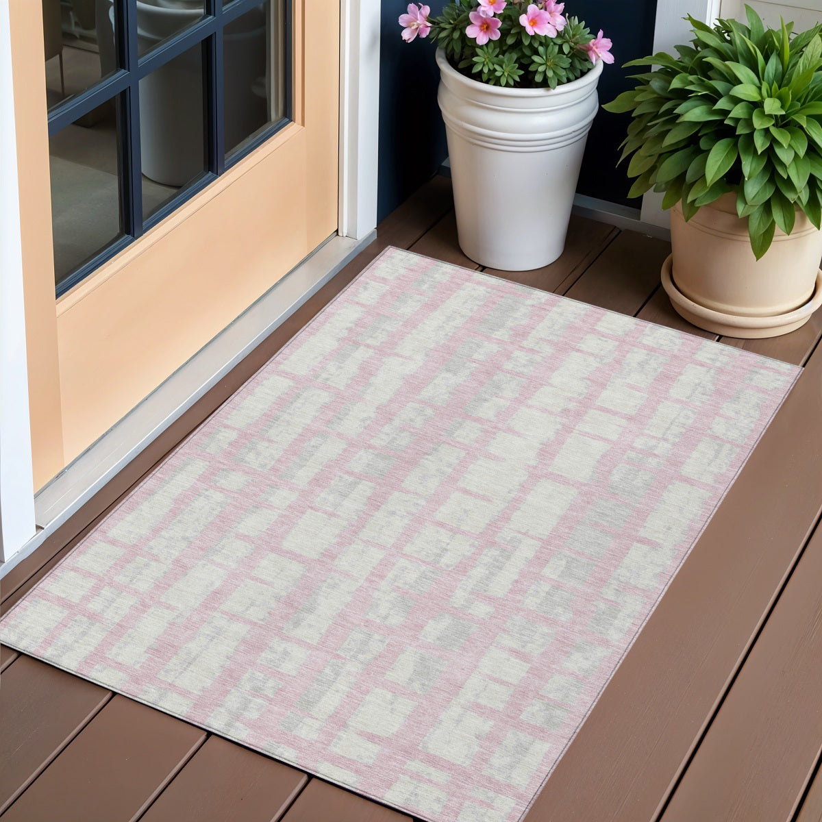 3' X 5' Pink Gray And Ivory Striped Washable Indoor Outdoor Area Rug