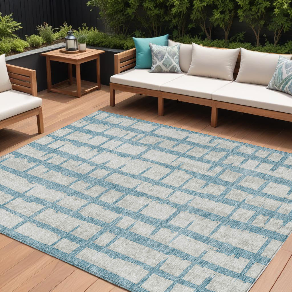 9' X 12' Sky Blue And Gray Striped Washable Indoor Outdoor Area Rug