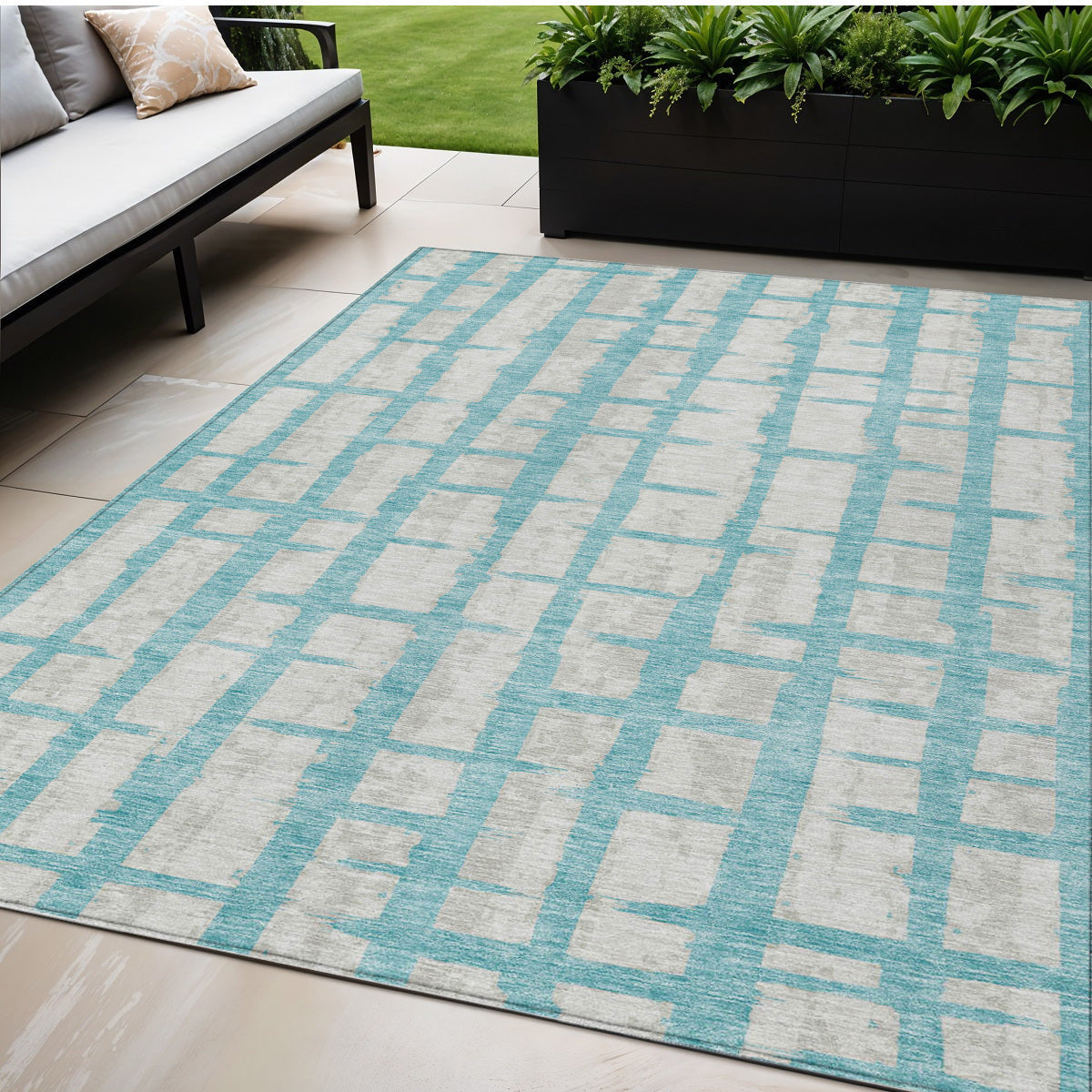 5' X 8' Teal Blue And Gray Striped Washable Indoor Outdoor Area Rug