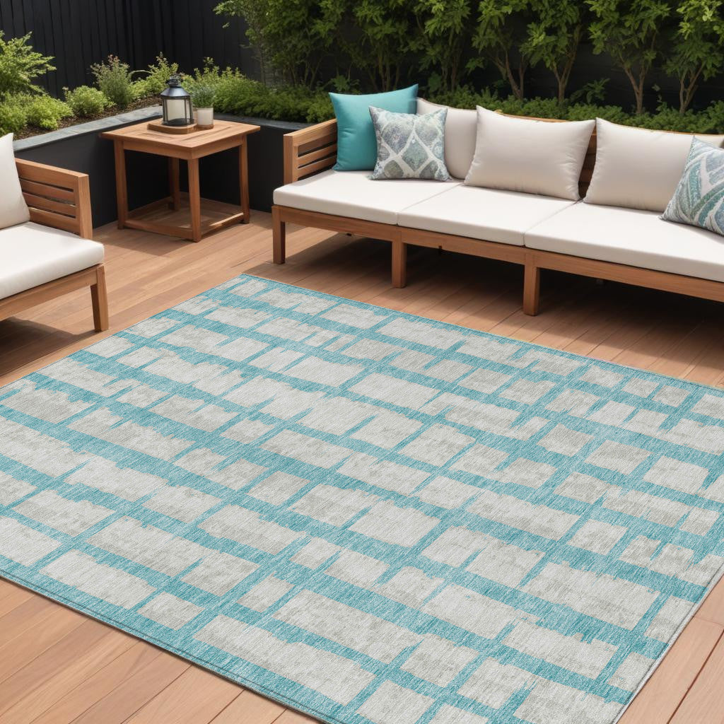 9' X 12' Teal Blue And Gray Striped Washable Indoor Outdoor Area Rug