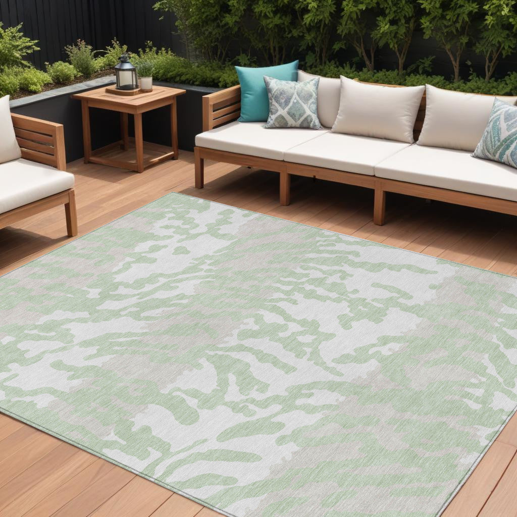 10' X 14' Artichoke Green Beige And Ivory Animal Print Washable Indoor Outdoor Area Rug