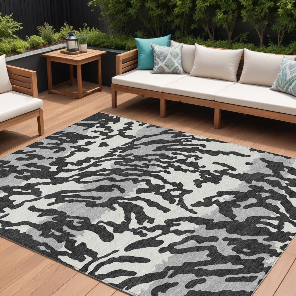 10' X 14' Black Gray And Ivory Animal Print Washable Indoor Outdoor Area Rug