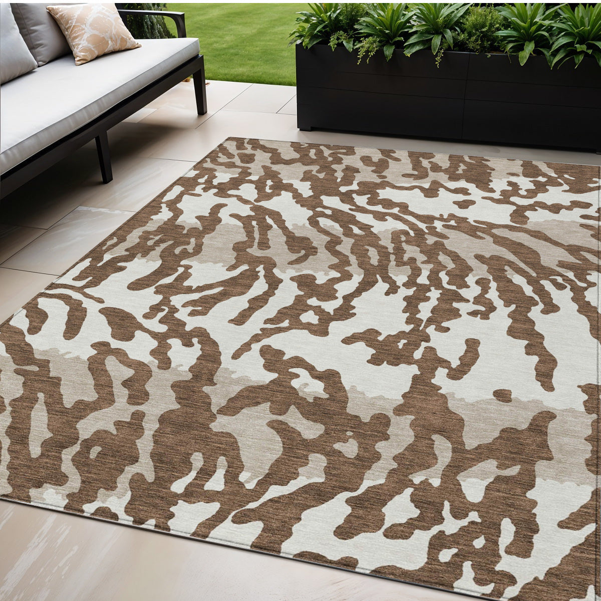 9' X 12' Chocolate Beige And Ivory Animal Print Washable Indoor Outdoor Area Rug