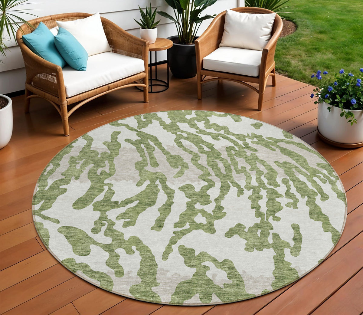 8' Green Gray And Ivory Round Animal Print Washable Indoor Outdoor Area Rug