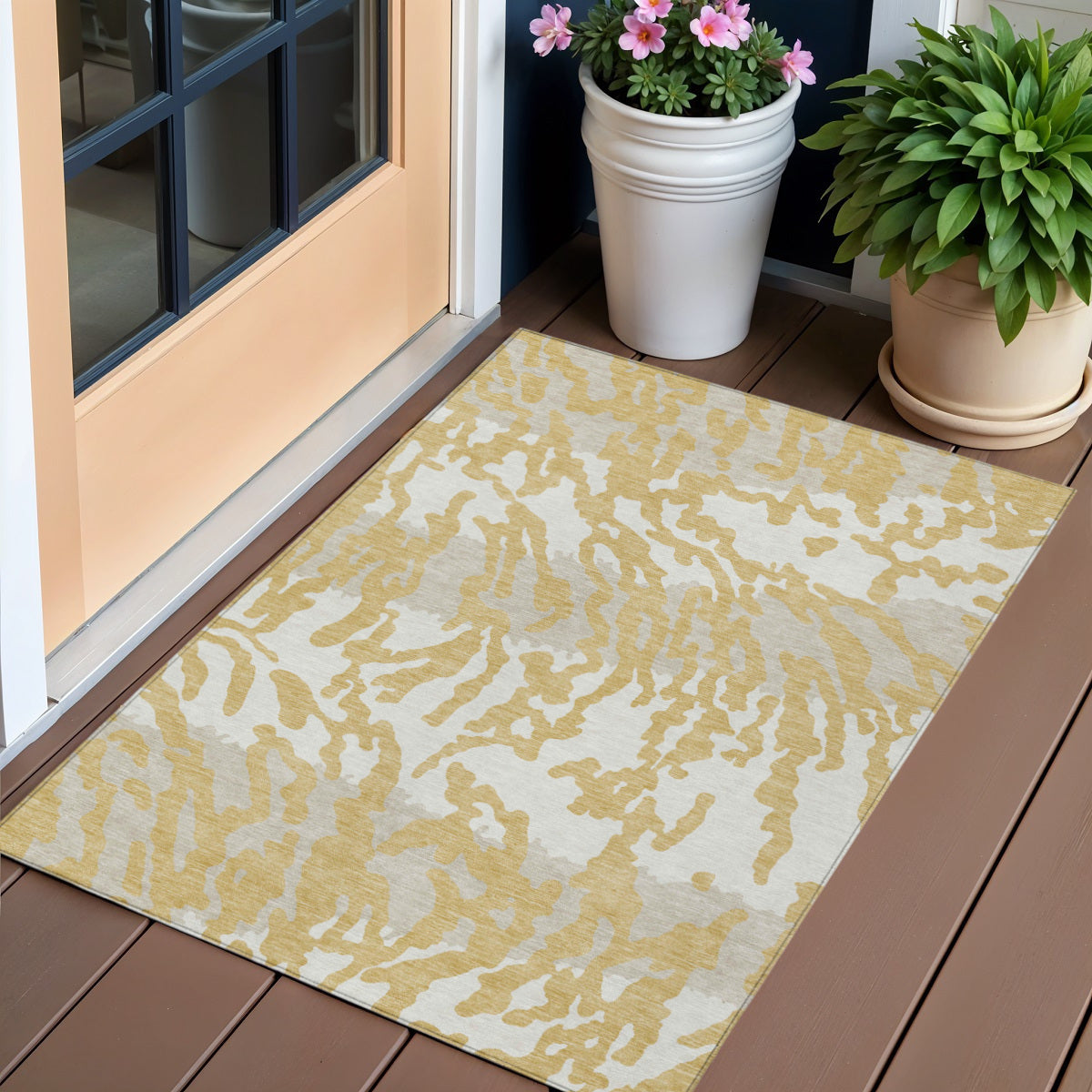 3' X 5' Gold Gray And Ivory Animal Print Washable Indoor Outdoor Area Rug