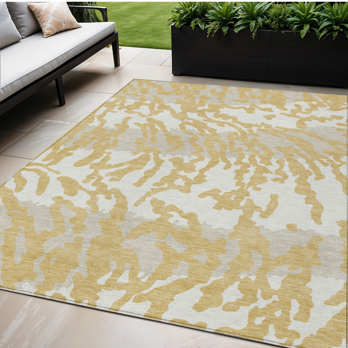 5' X 8' Gold Gray And Ivory Animal Print Washable Indoor Outdoor Area Rug