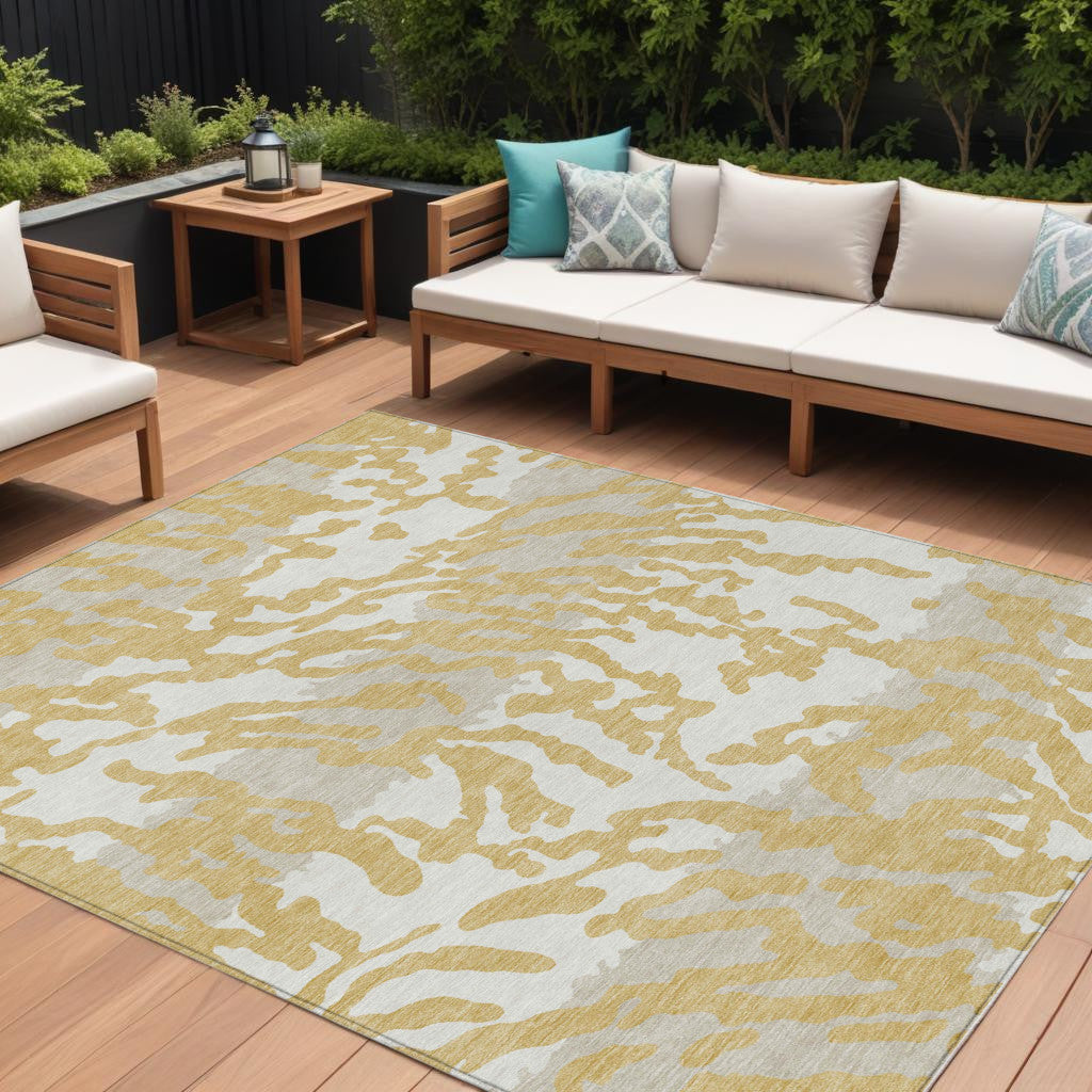 10' X 14' Gold Gray And Ivory Animal Print Washable Indoor Outdoor Area Rug