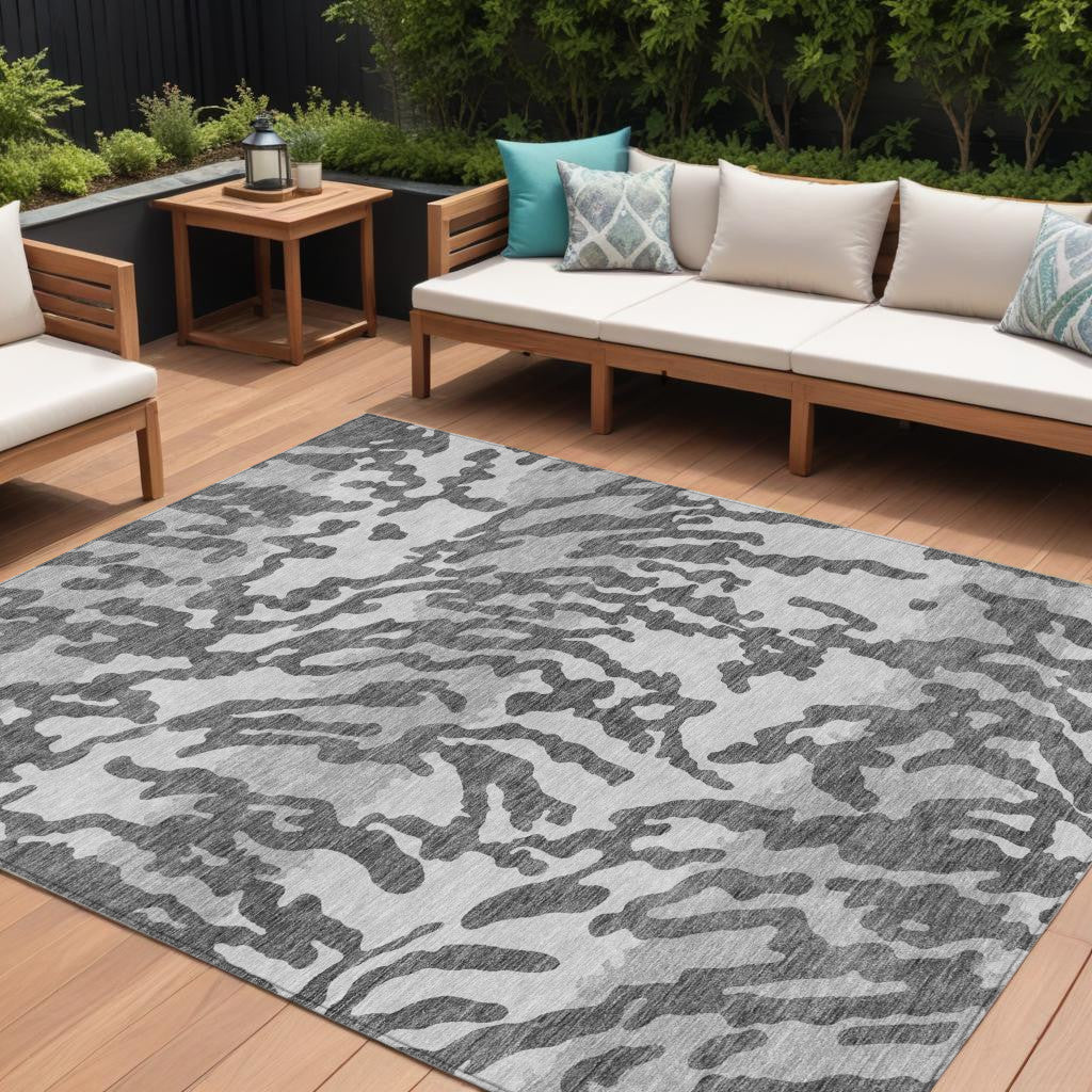9' X 12' Gray And Ivory Animal Print Washable Indoor Outdoor Area Rug